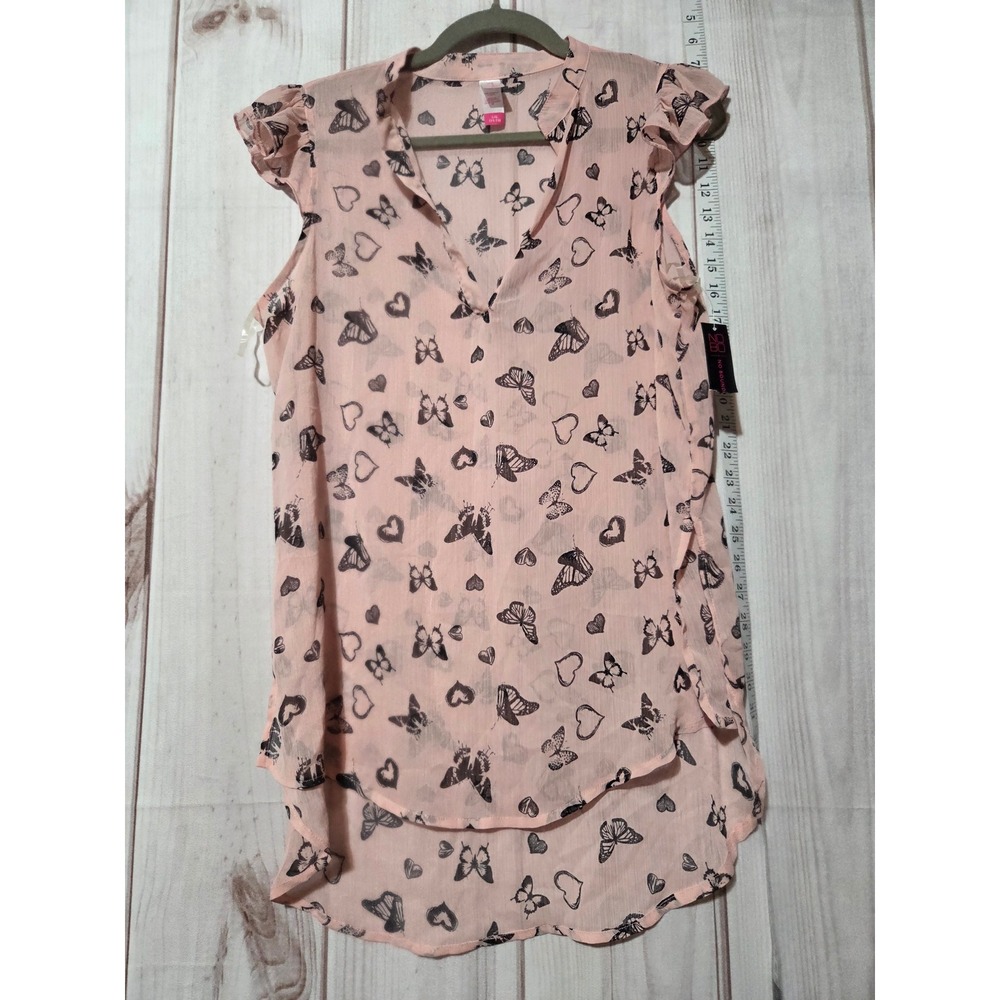Butterfly Heart Print Sleeveless Blouse, Ladies Large Feminine Chiffon Sheer